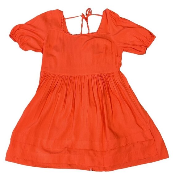 Rusttydustty BOHO Mini Dress Tie Back Puff Sleeve 0XL Orange #285D - Picture 1 of 8